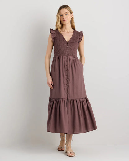 Organic Textured Cotton Smocked V-Neck Midi Dress - XS / Pale Custard Yellow