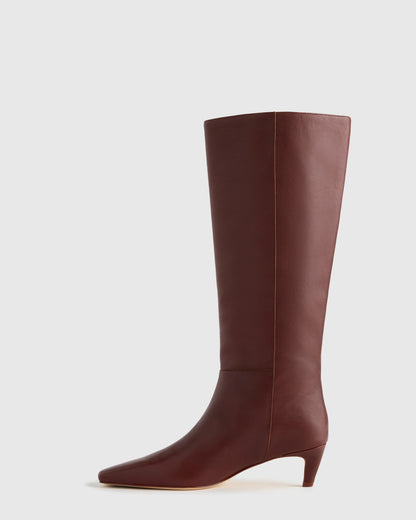 Italian Leather Tall Kitten Heel Boots - 5 / Espresso Brown