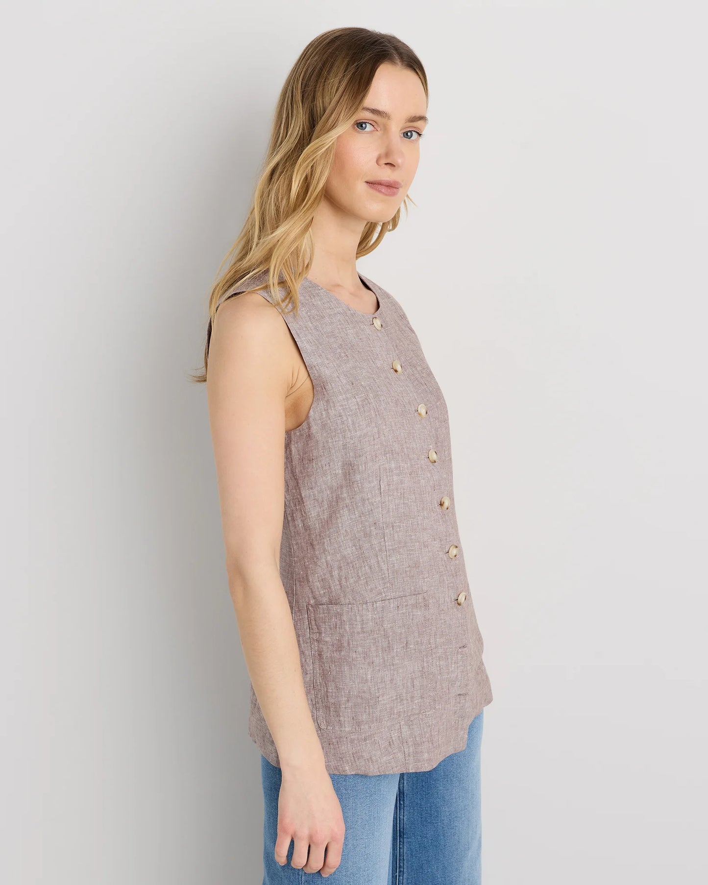 100% European Linen Longline Vest - XS / Taupe Brown Chambray