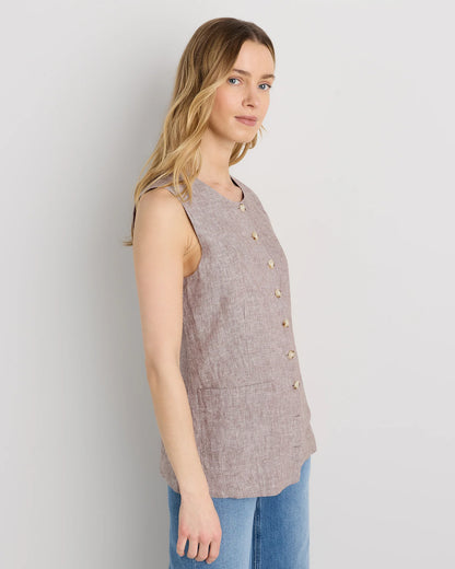 100% European Linen Longline Vest - XS / Taupe Brown Chambray