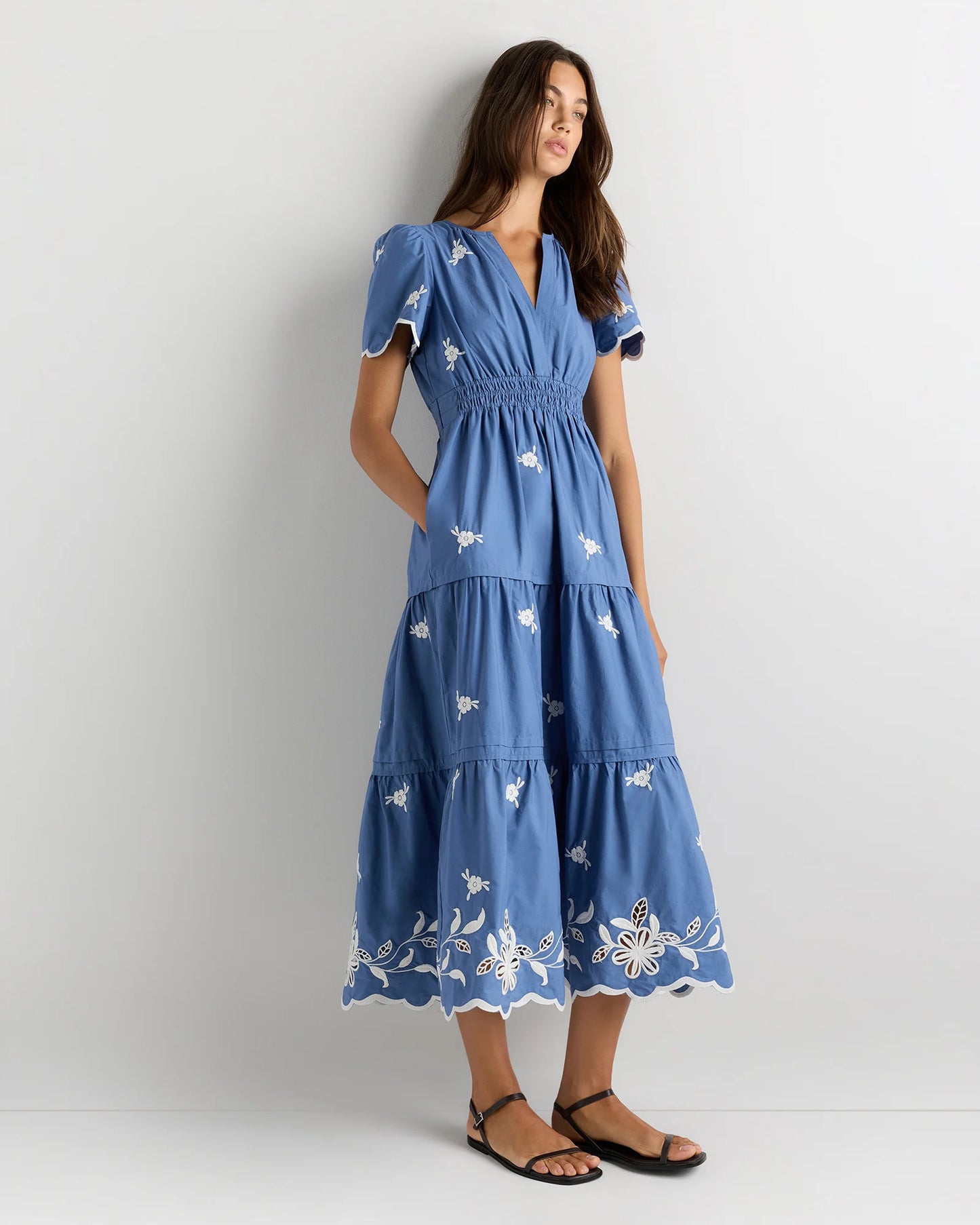 100% Organic Cotton Poplin Embroidered Tiered Maxi Dress - XS / Moonstone Blue