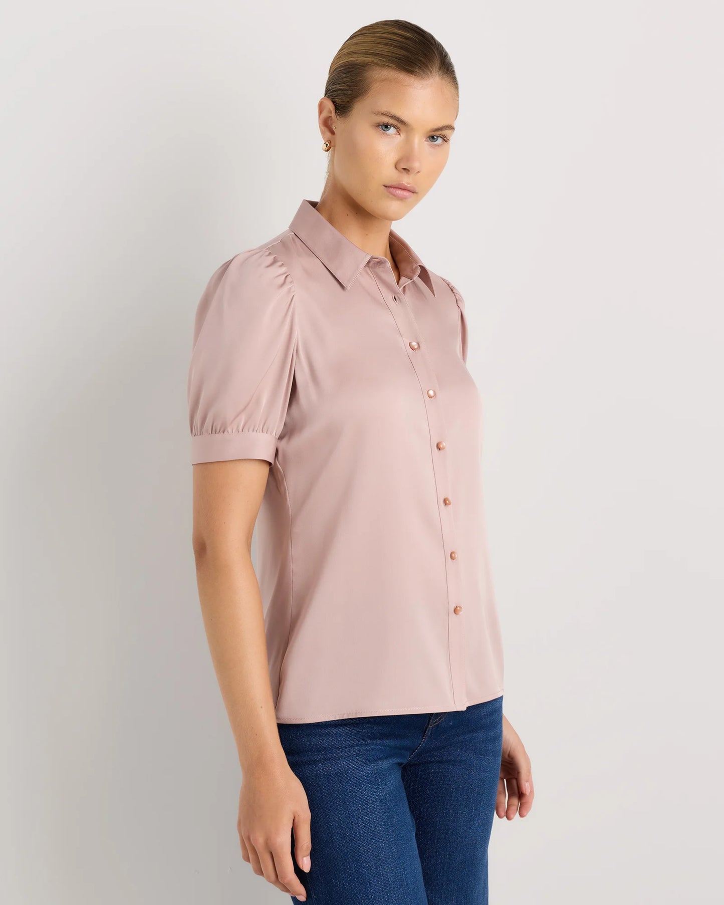 Washable Stretch Silk Puff Sleeve Blouse - XS / Vintage Pink