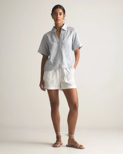 100% European Linen Short Sleeve Popover Top - XS / Blue Pinstripe