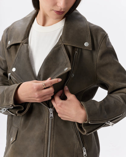 100% Leather Oversized Biker Jacket - XS / True Black