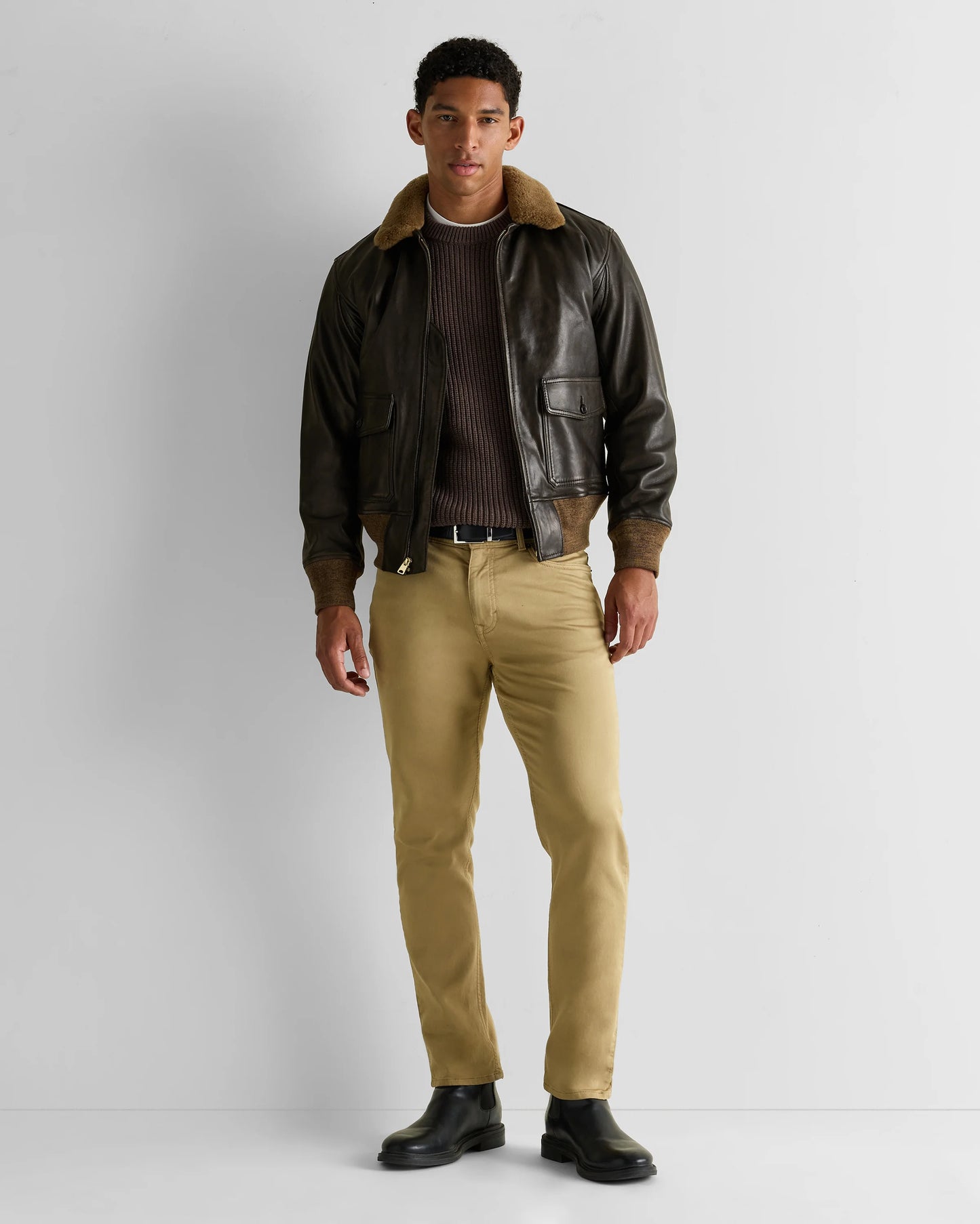 Shearling Collar Leather Flight Jacket - S / True Black