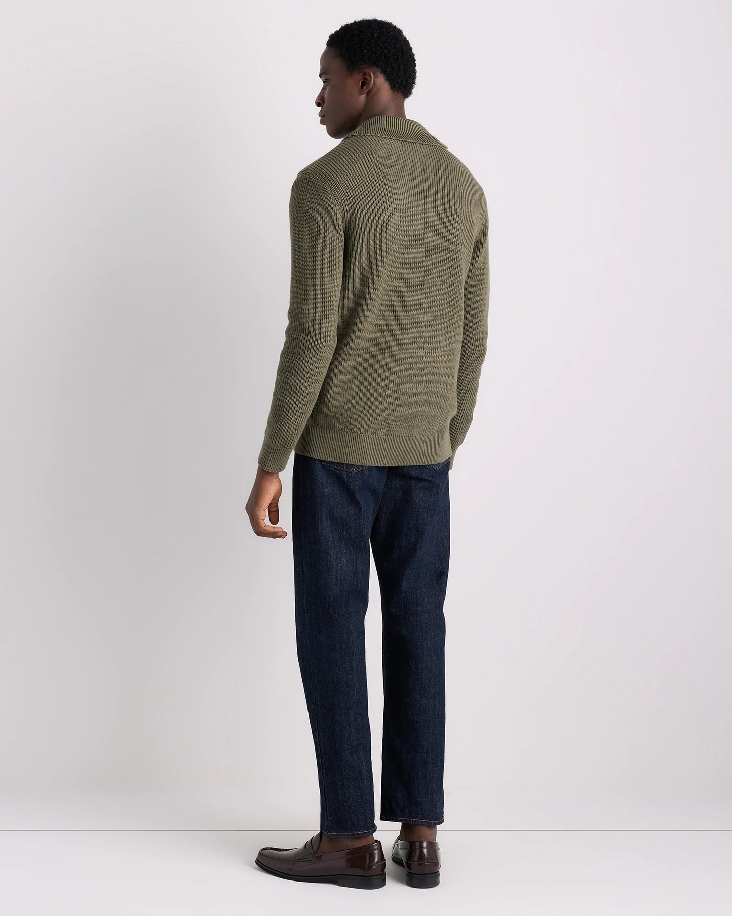 100% Organic Cotton Ribbed Shawl-Collar Cardigan Sweater - S / Bayberry Olive