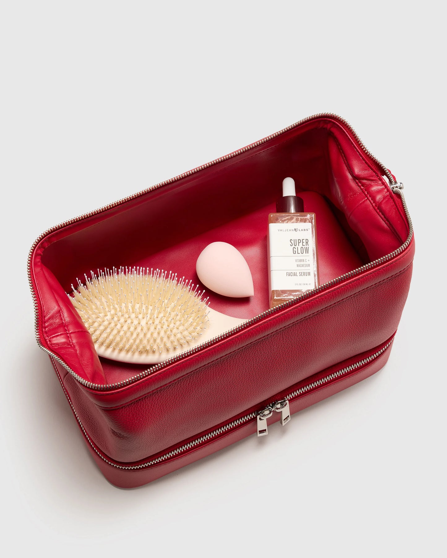 Italian Leather Dual Compartment Toiletry Bag - One Size / Ruby Red