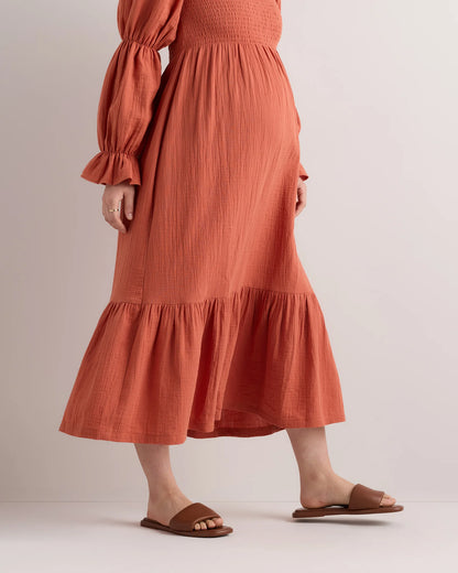 100% Organic Cotton Gauze Maternity Smocked Midi Dress - XS / Wild Cherry