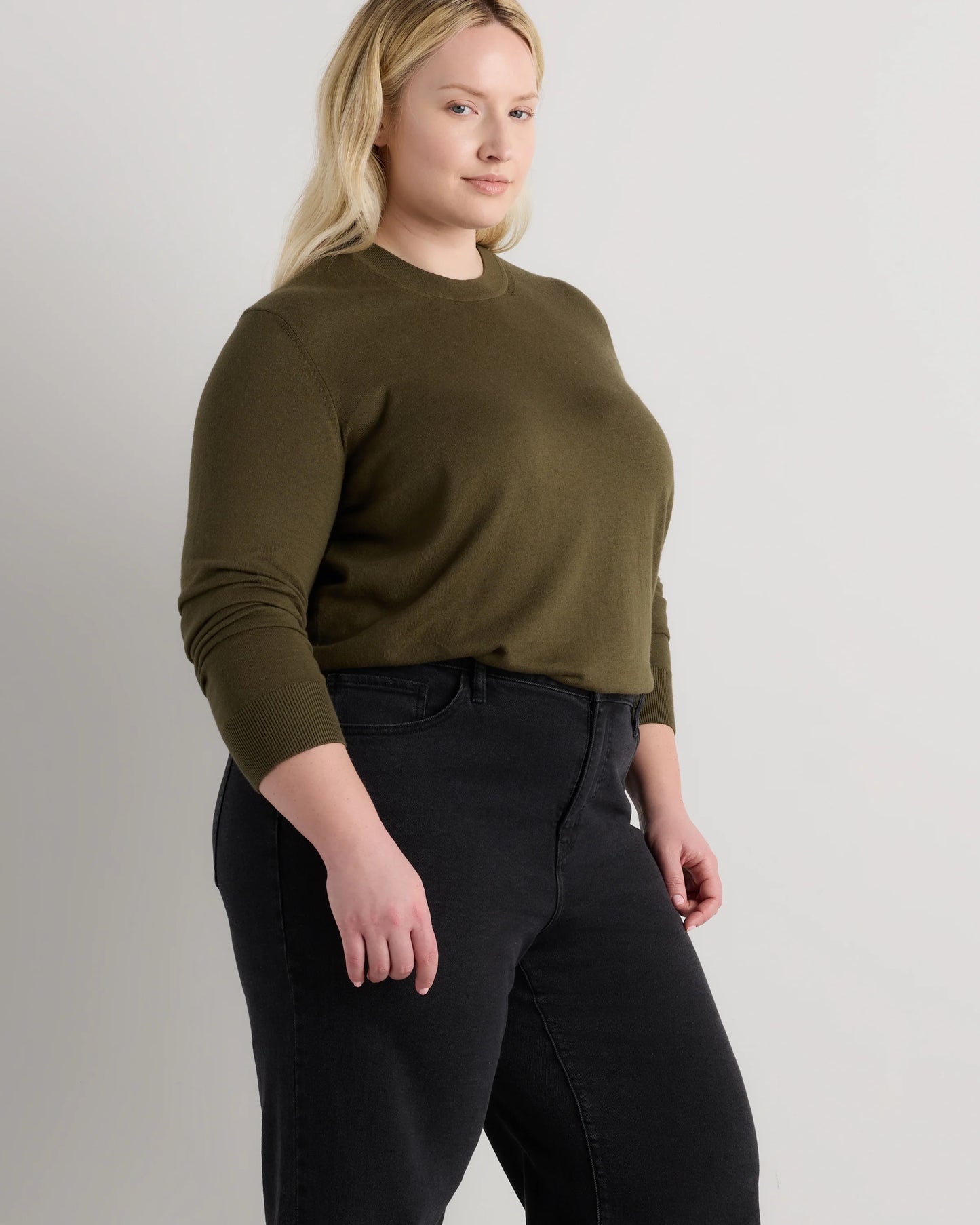 Lightweight Cotton Cashmere Crew Sweater - 1X / Black