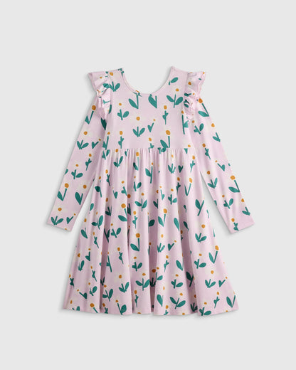 Bamboo Long Sleeve Flutter Twirl Dress - 6 / Navy Blossoms