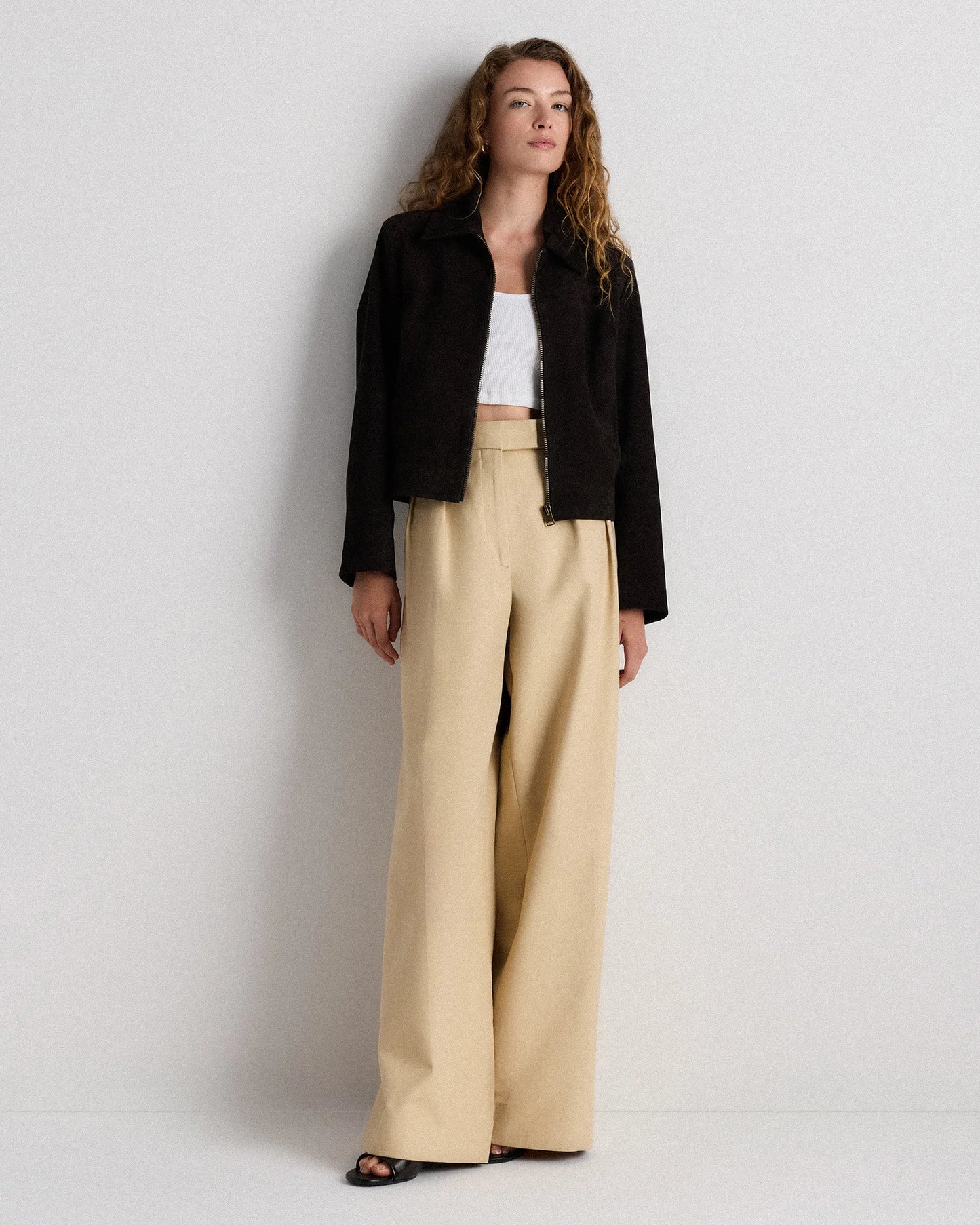 100% Suede Cropped Zip-Front Jacket - XS / Light Sand Beige