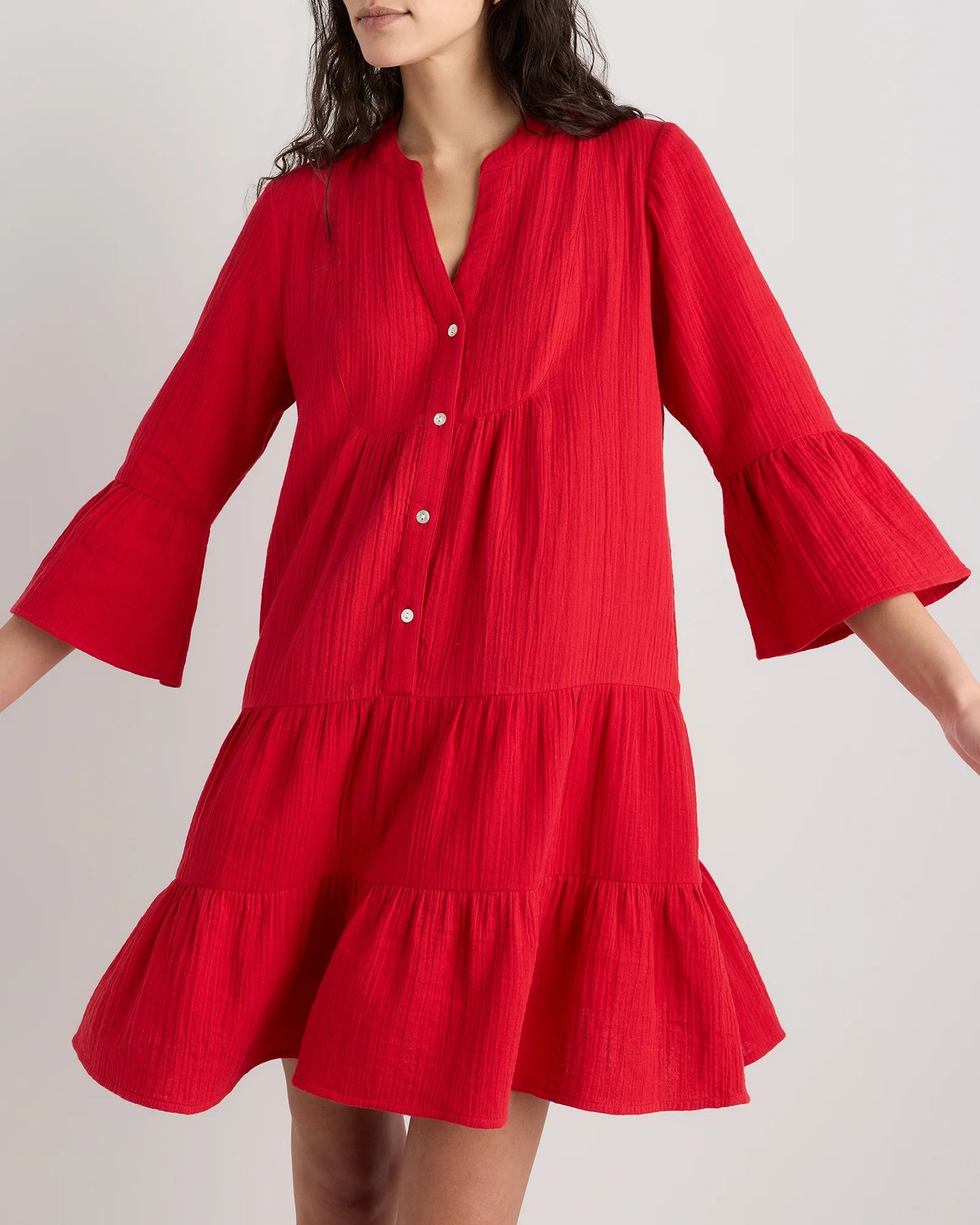 100% Organic Cotton Gauze Long Sleeve Tiered Mini Dress - XS / Amaranth Pink