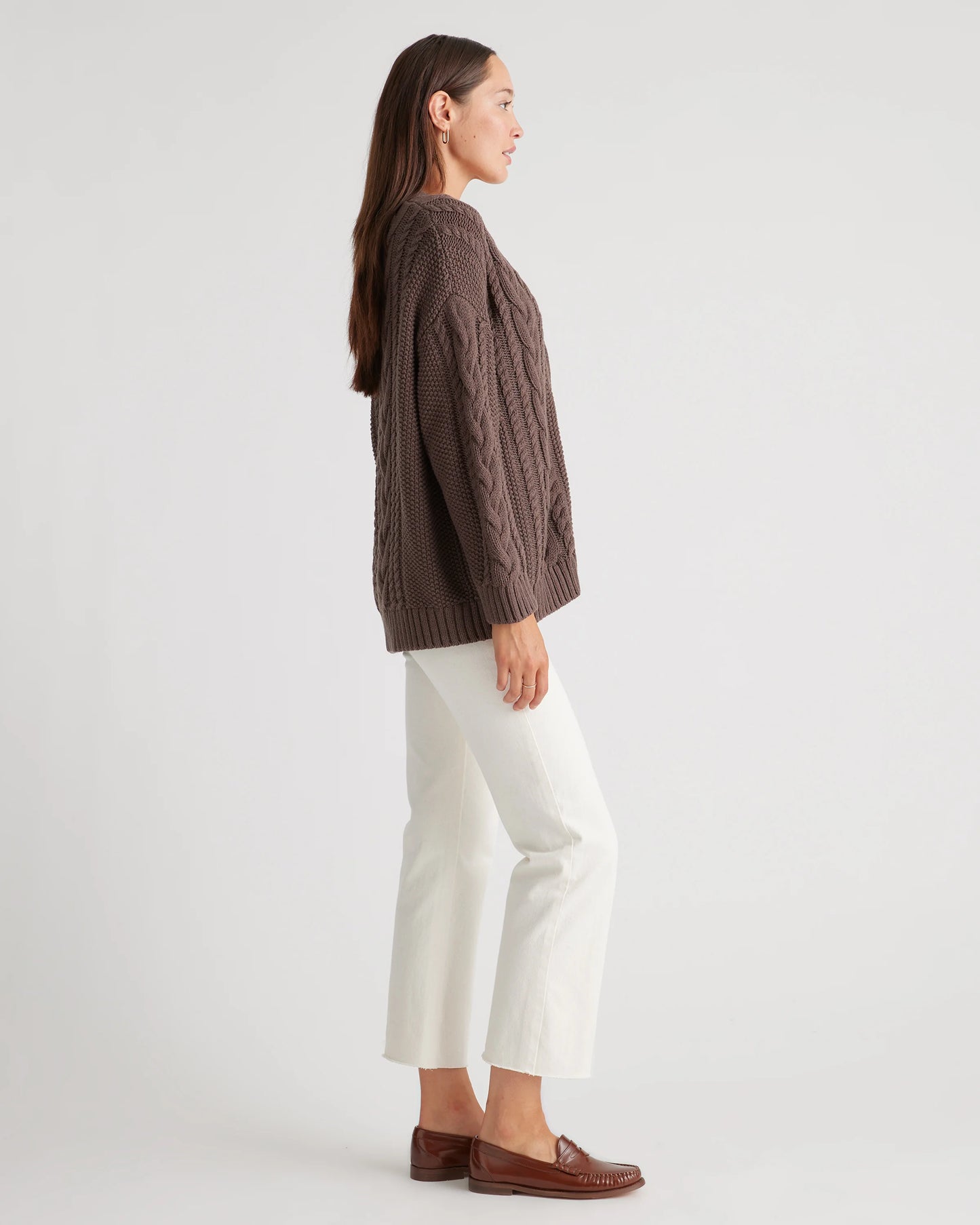 100% Organic Cotton Oversized Cable Cardigan - XS / Heather Brown
