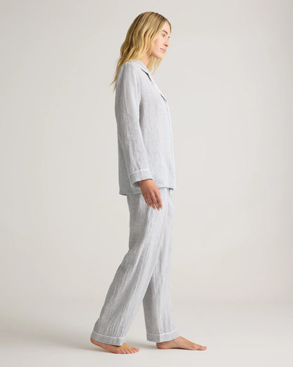 100% European Linen Long Sleeve Pajama Set with Piping - XS / Taupe Brown Gingham
