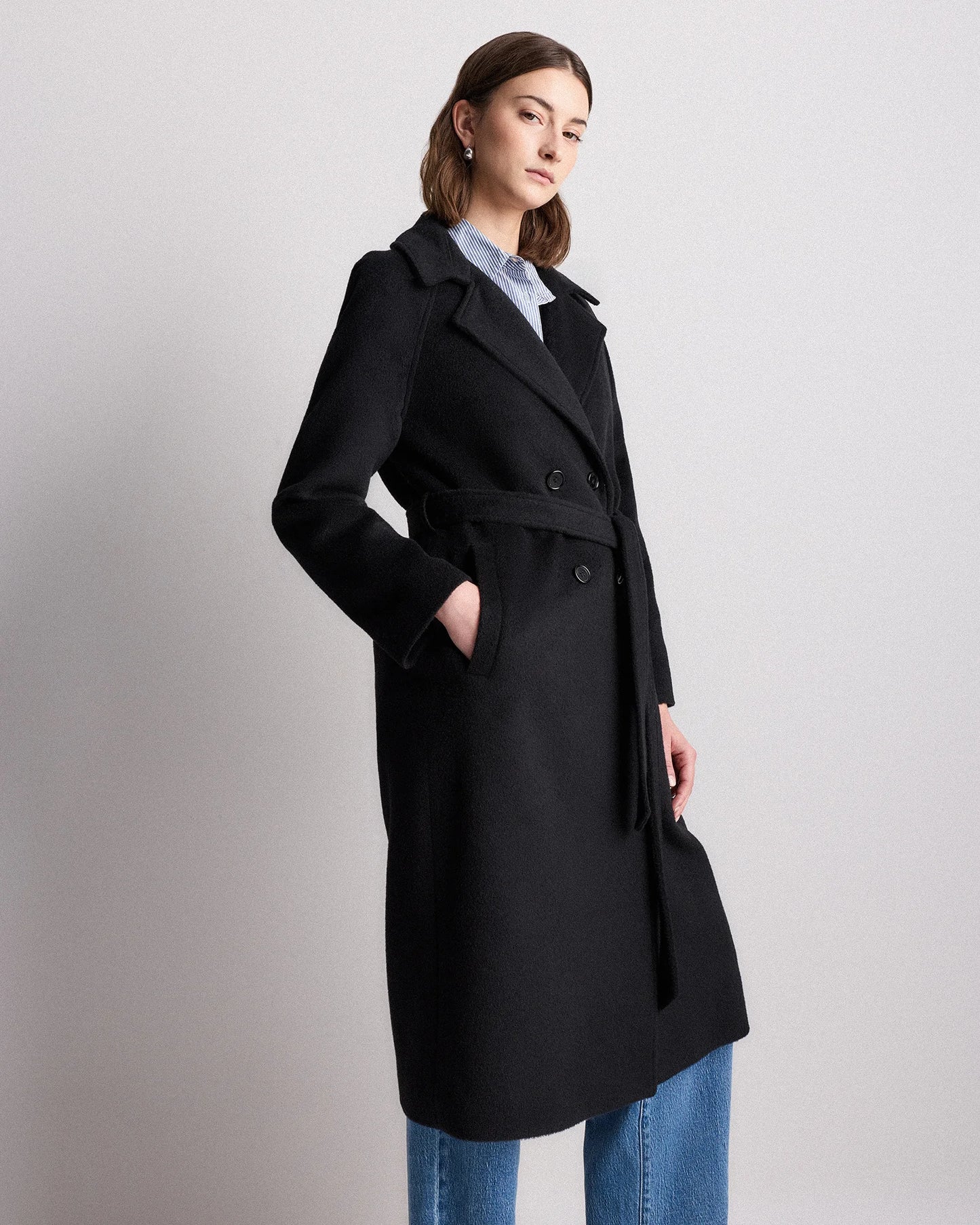 Camel Hair Double-Breasted Long Wrap Coat - XS / Vicuna