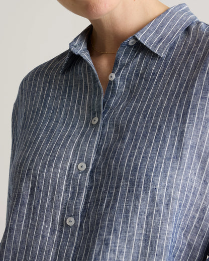 100% European Linen Maternity Long Sleeve Shirt - XS / Blue Pinstripe