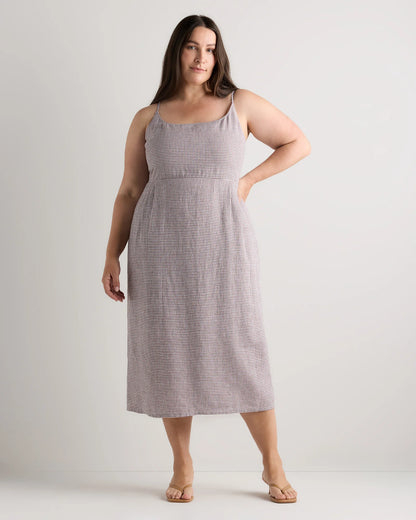 100% European Linen Scoop Neck Midi Dress - 1X / Deep Navy