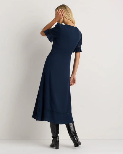 Lightweight Crepe Lace Inset Midi Dress - XS / Moonstone Blue