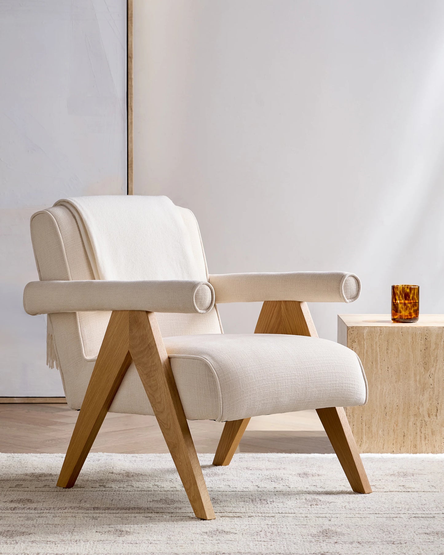 Solid Wood and Performance Chenille V-Leg Chair - One Size / Natural