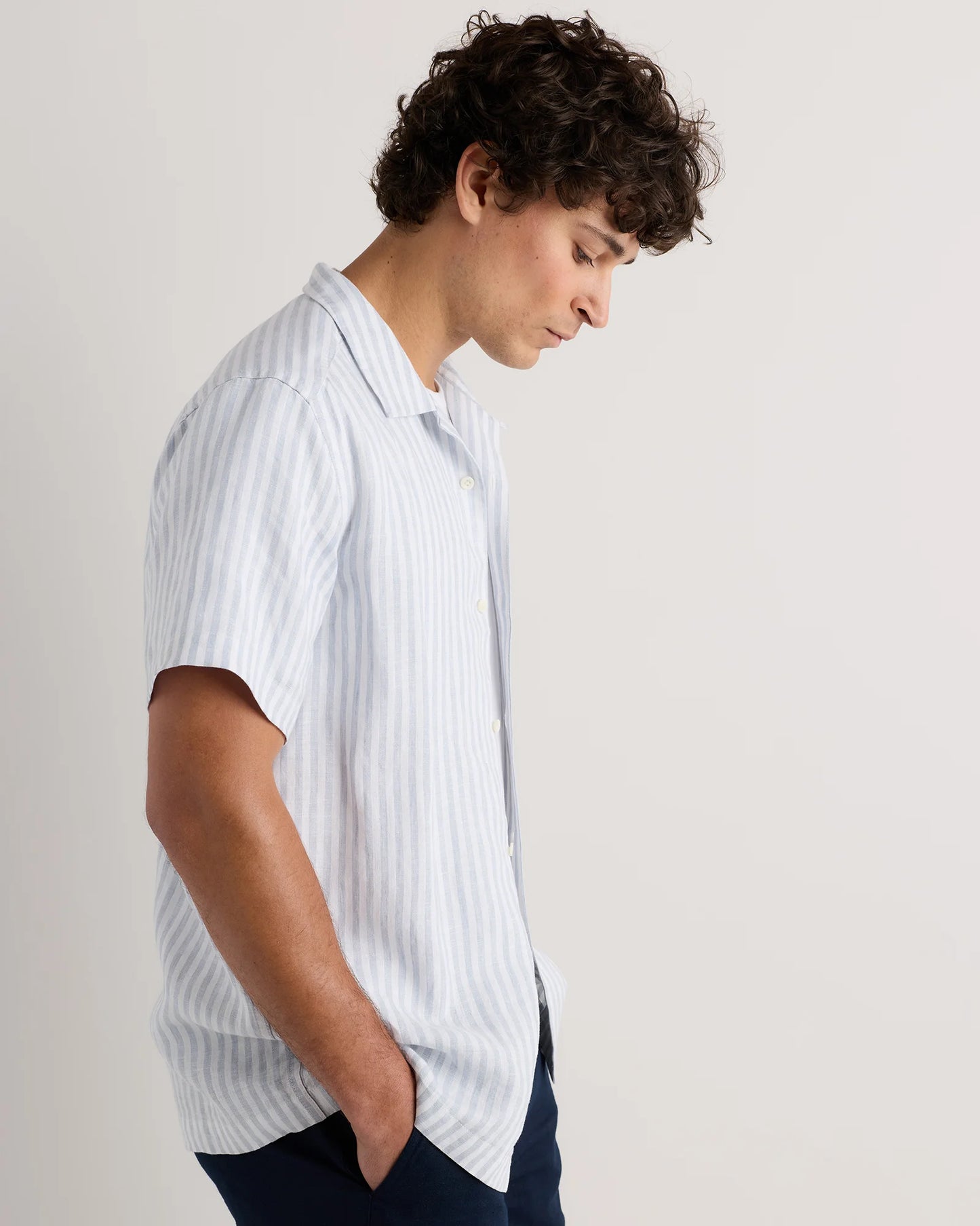 100% European Linen Camp Shirt - XS / Sky Blue Mariner Stripe
