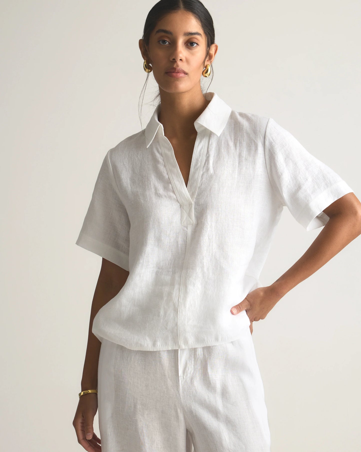 100% European Linen Short Sleeve Popover Top - XS / Blue Pinstripe