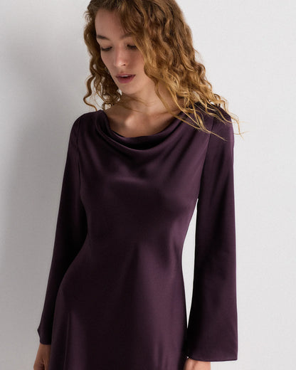 100% Washable Silk Long Sleeve Mini Dress - XS / Wine Tasting Red