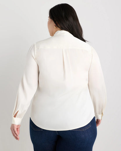 Washable Stretch Silk Tie Neck Blouse - 1X / Ivory