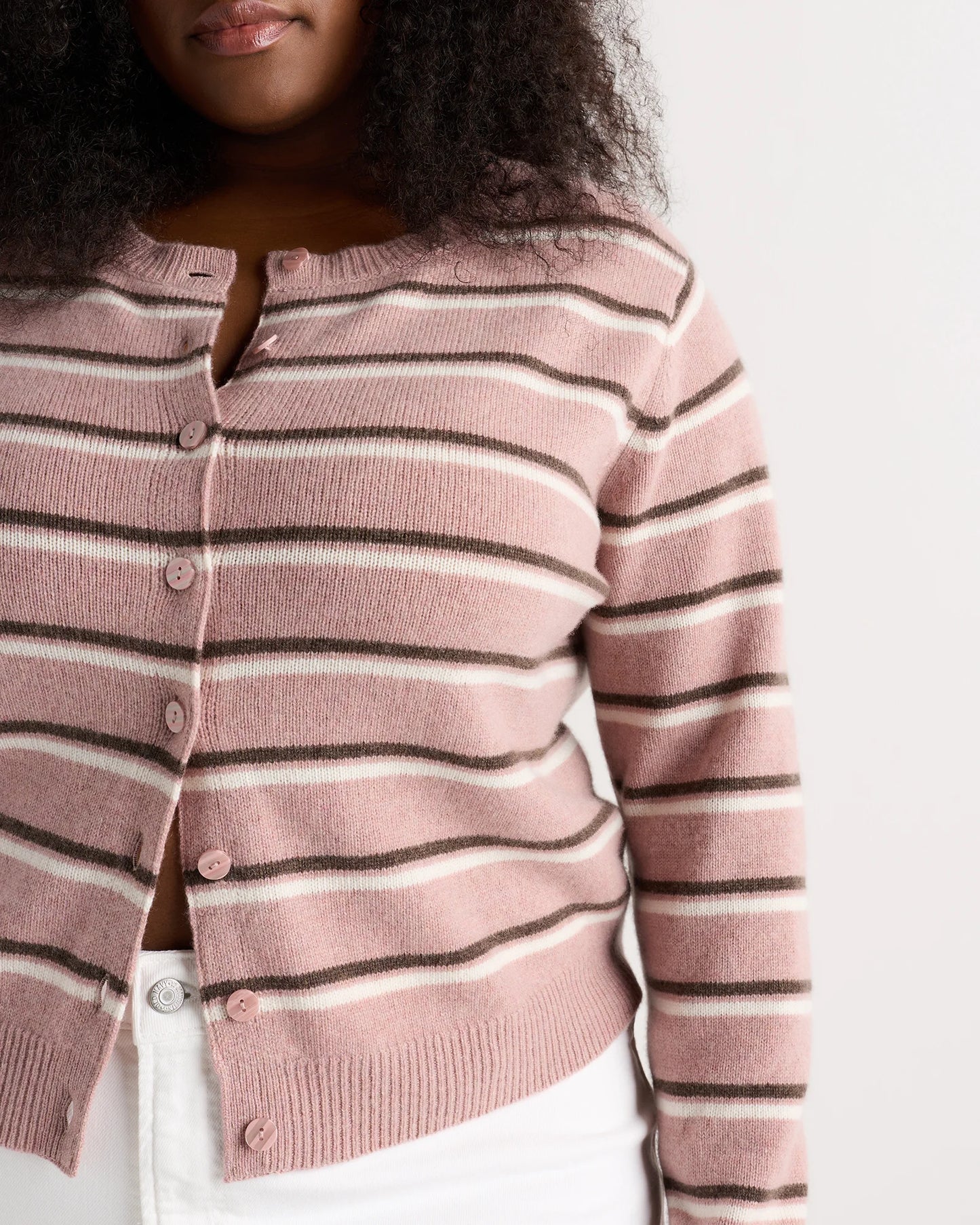 Mongolian Cashmere Cropped Crew Cardigan - 1X / Heather Vintage Pink / Brown Variegated Stripe