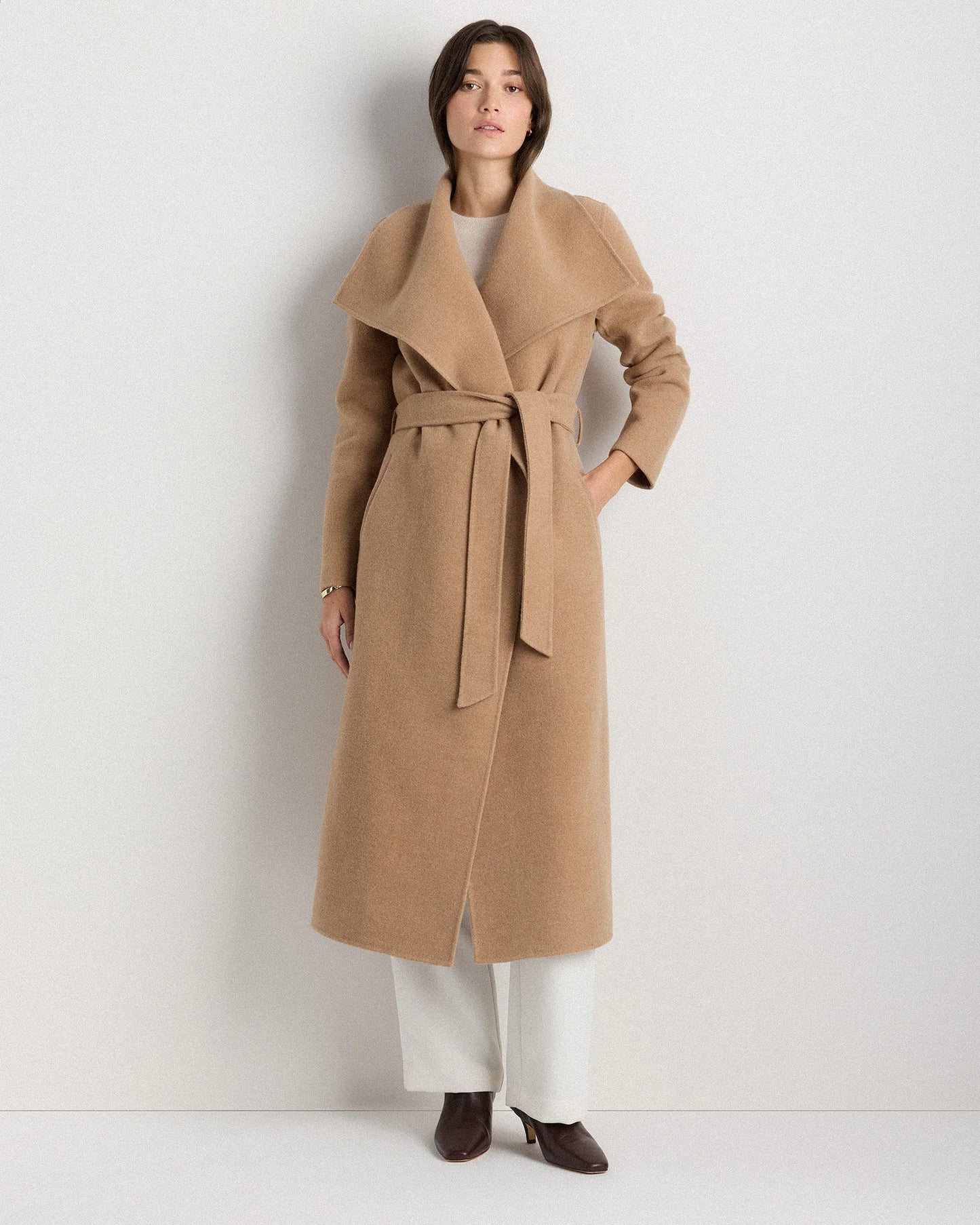 Double-Faced Merino Wool Draped Collar Wrap Coat - XS / Oat