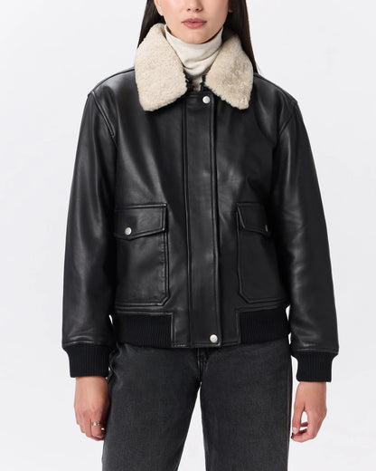 100% Leather Shearling Trim Aviator Jacket - XS / True Black