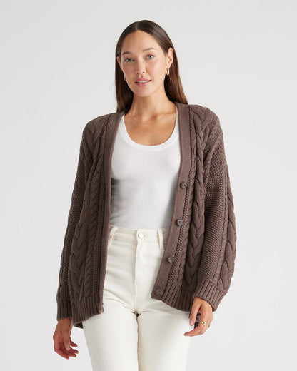 100% Organic Cotton Oversized Cable Cardigan - XS / Heather Brown