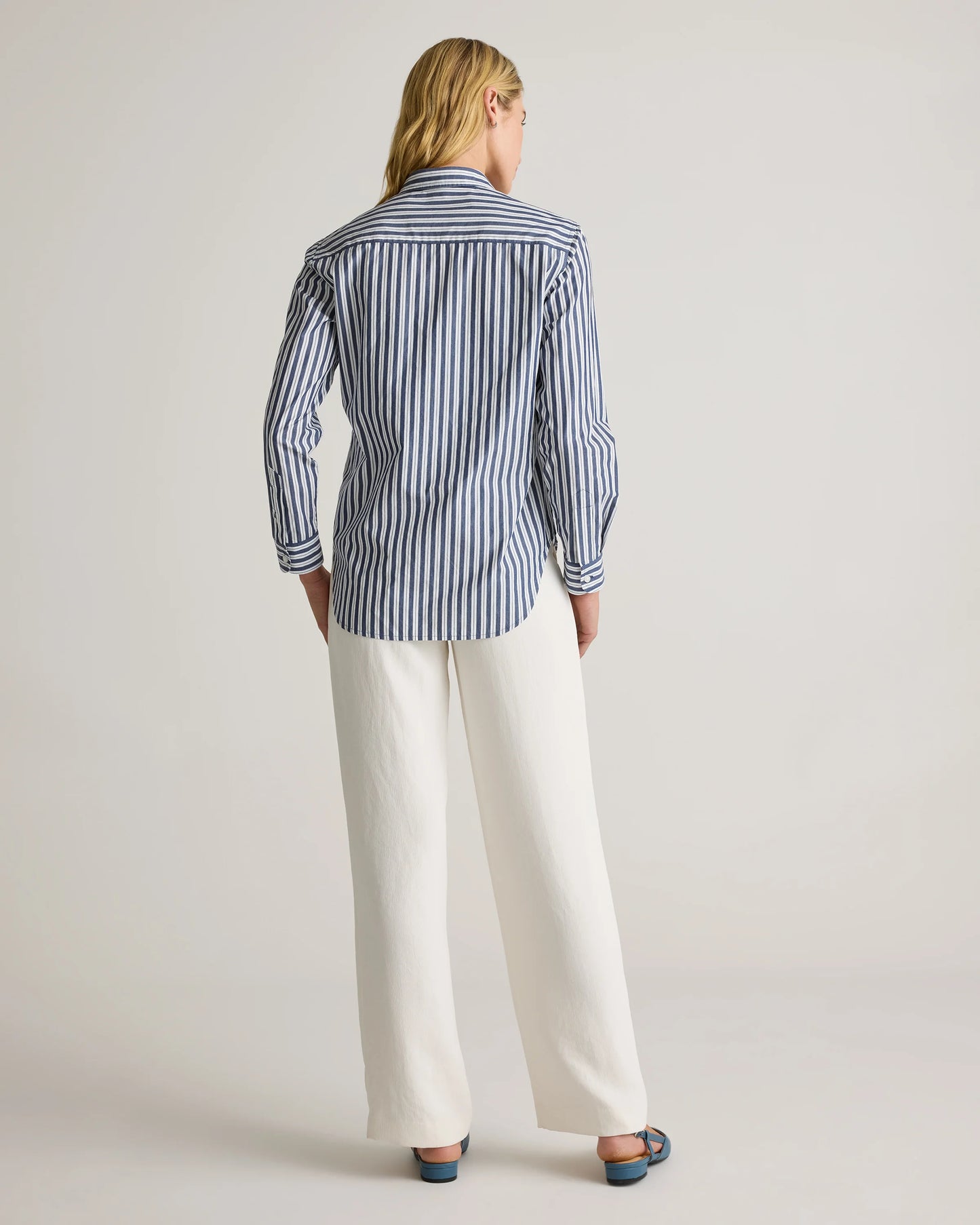 100% Organic Cotton Poplin Long Sleeve Shirt - XS / Delta Blue Double Stripe