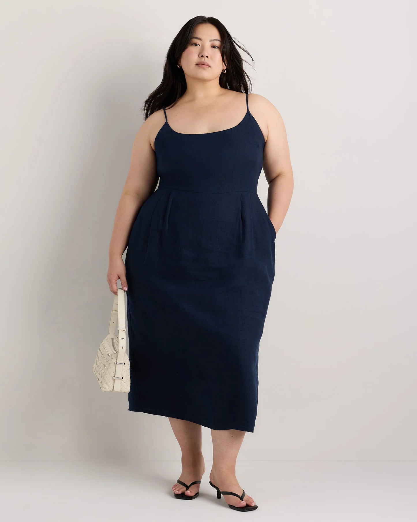 100% European Linen Scoop Neck Midi Dress - 1X / Deep Navy