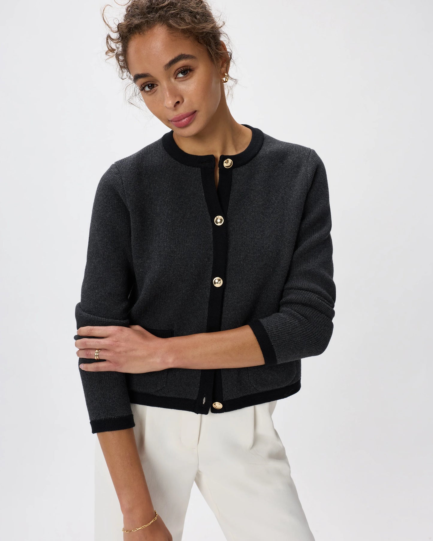 100% Organic Cotton Sweater Jacket - XS / Black/Ivory Colorblock