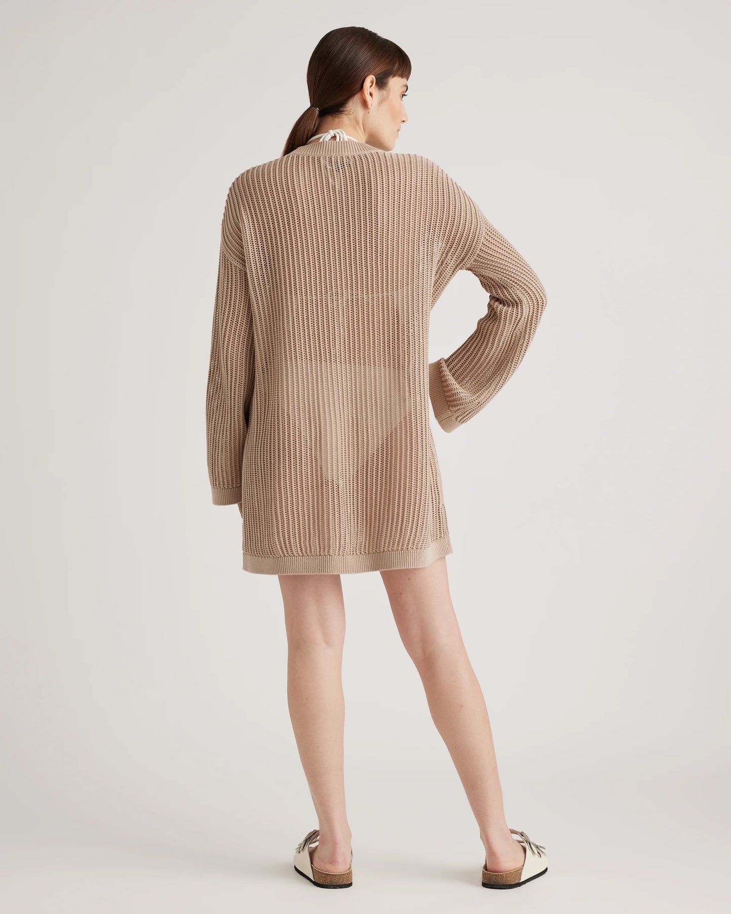100% Organic Cotton Open-Knit Long Sleeve Cover-Up Mini Dress - XS / Beige