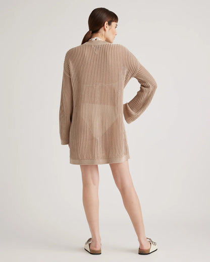 100% Organic Cotton Open-Knit Long Sleeve Cover-Up Mini Dress - XS / Beige