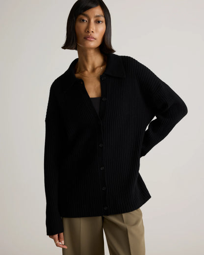 Mongolian Cashmere Wide-Rib Oversized Collared Cardigan - XS / Oatmeal