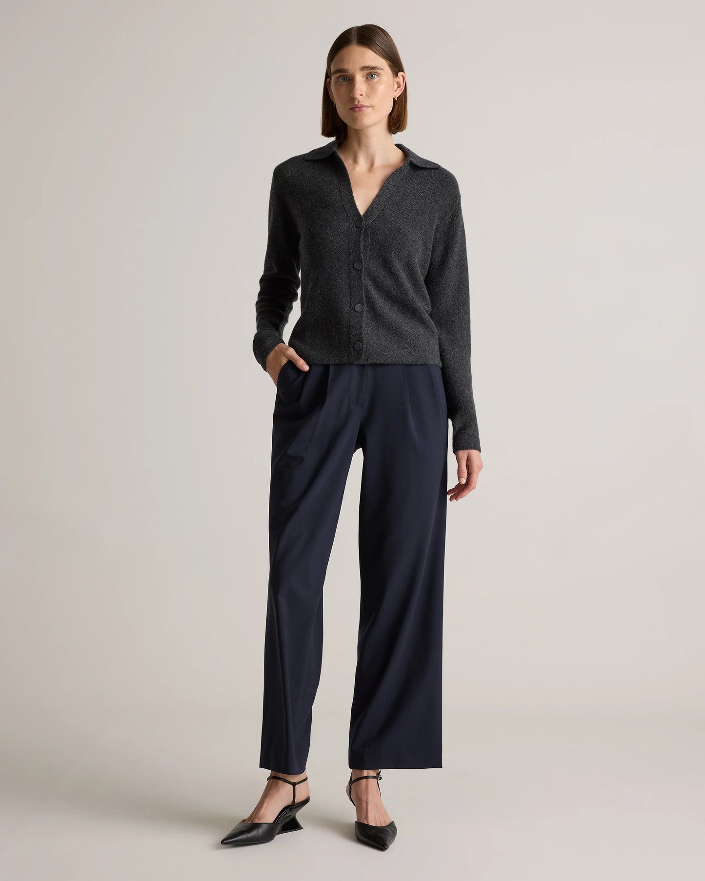 Mongolian Cashmere Collared Cardigan - XS / Heather Charcoal