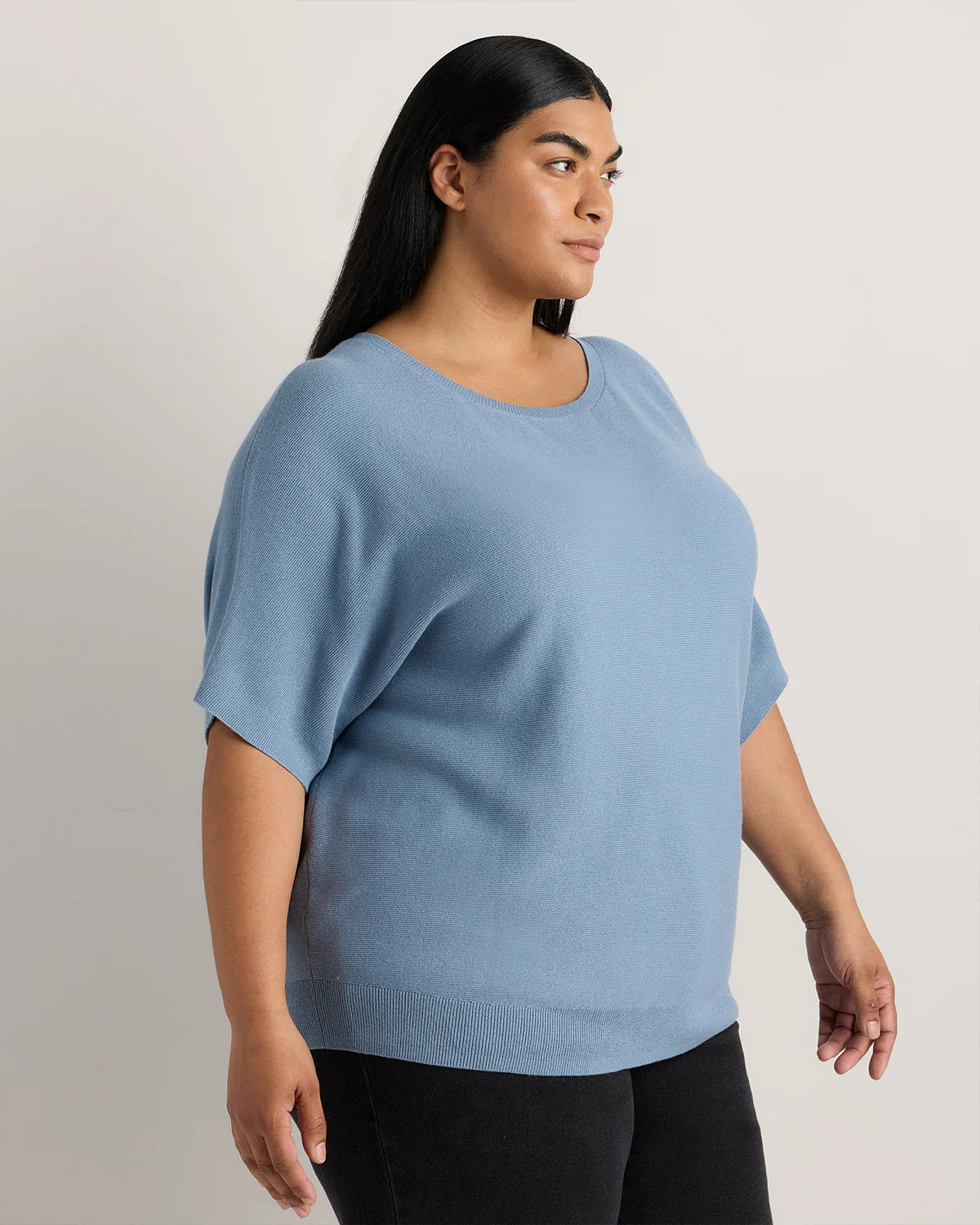 Lightweight Cotton Cashmere Link-Stitch Dolman Sweater - 1X / Orchid Blue Mini Stripe
