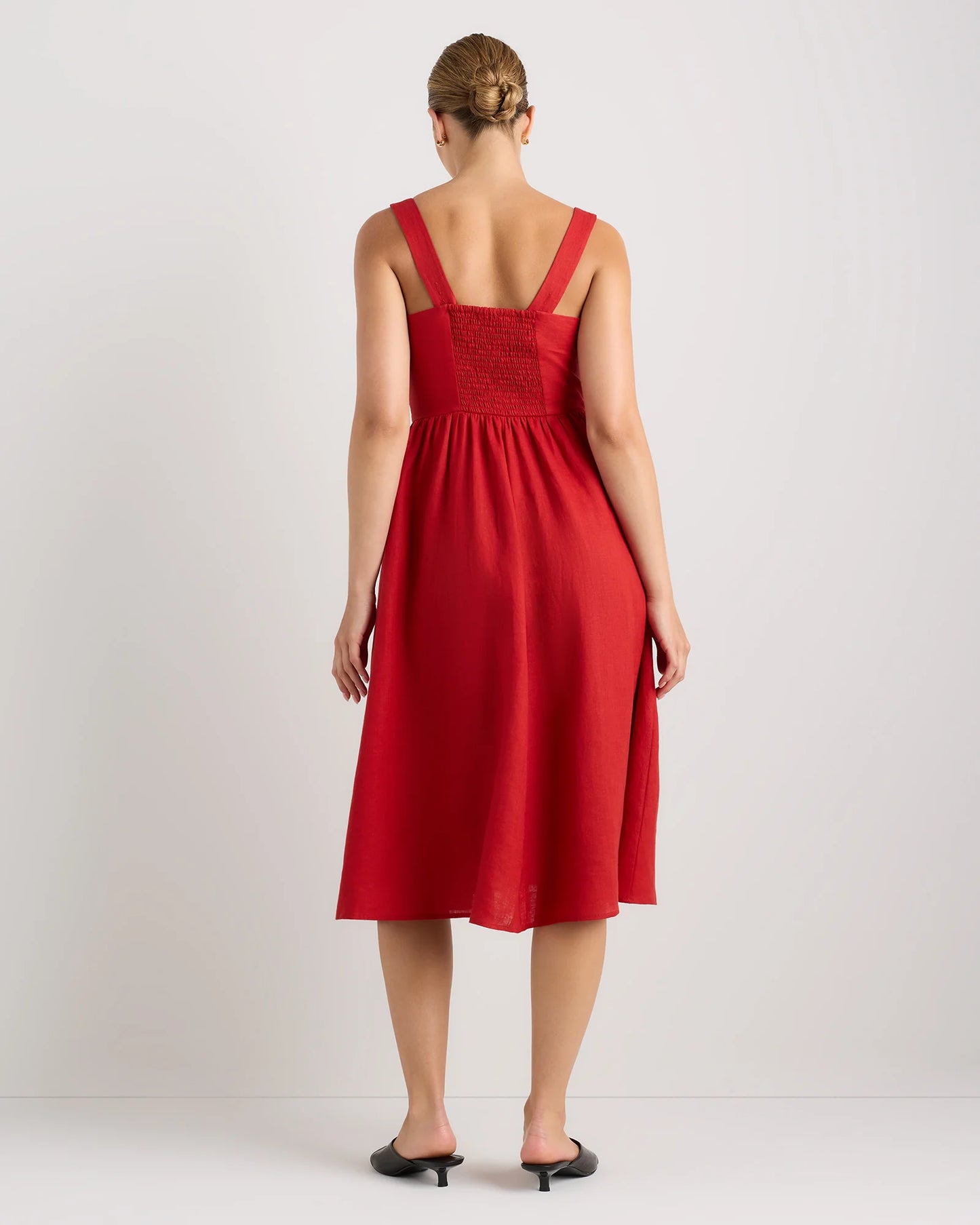 100% European Linen Fit & Flare Midi Dress - XS / Brick Red Heirloom Floral