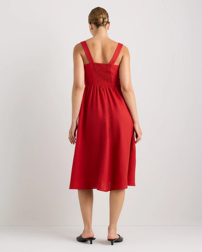 100% European Linen Fit & Flare Midi Dress - XS / Brick Red Heirloom Floral