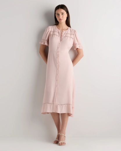 Lightweight Crepe Lace Inset Midi Dress - XS / Moonstone Blue