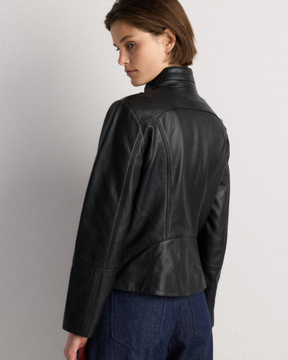100% Leather Stand-Collar Jacket - XS / True Black