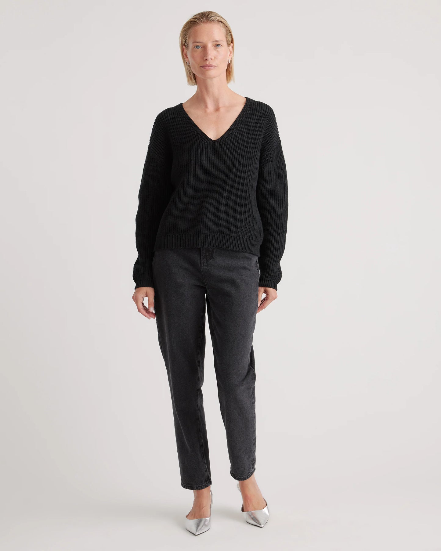 100% Organic Cotton Fisherman V-Neck Sweater - XS / Heather Brown