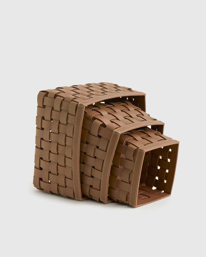 Recycled Woven Leather Baskets (set of 3) - One Size / Cognac