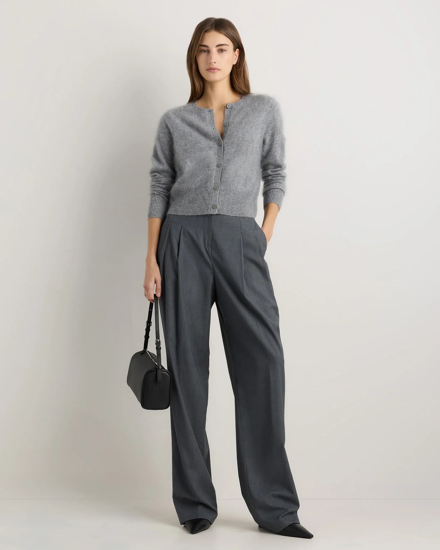 Brushed Cashmere Cropped Crewneck Cardigan - XS / Heather Grey