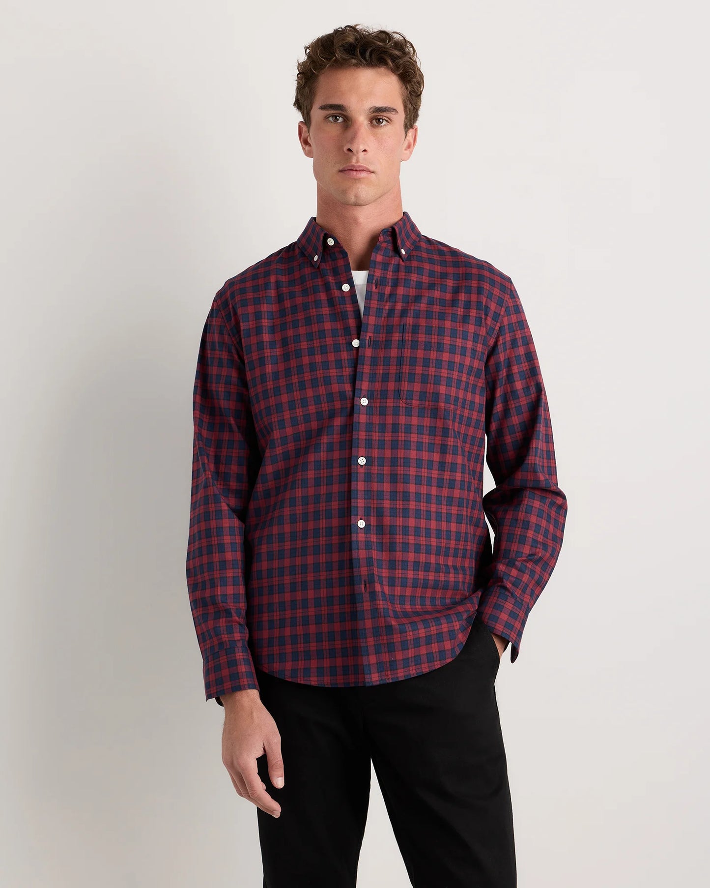 100% Organic Cotton Brushed Flannel Shirt - S / Red/Navy