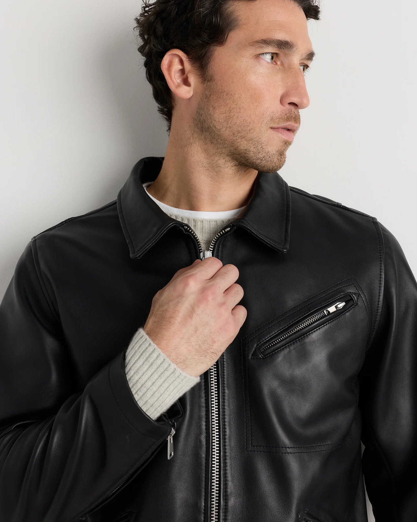 100% Washed Leather Moto Jacket - S / Dark Cognac Brown