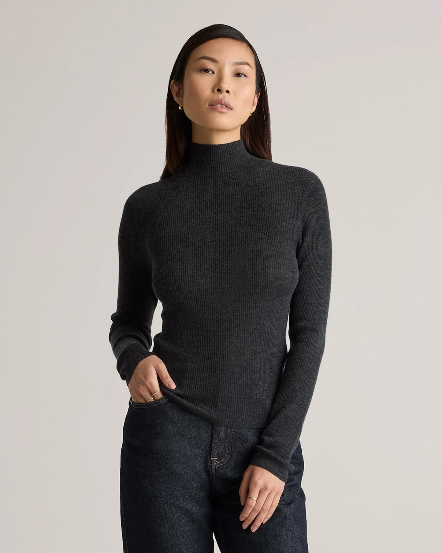 Featherweight Cashmere Ribbed Mockneck Sweater - XS / Deep Navy