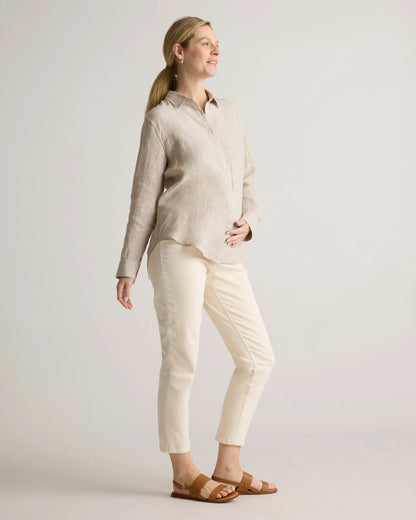 100% European Linen Maternity Long Sleeve Shirt - XS / Blue Pinstripe
